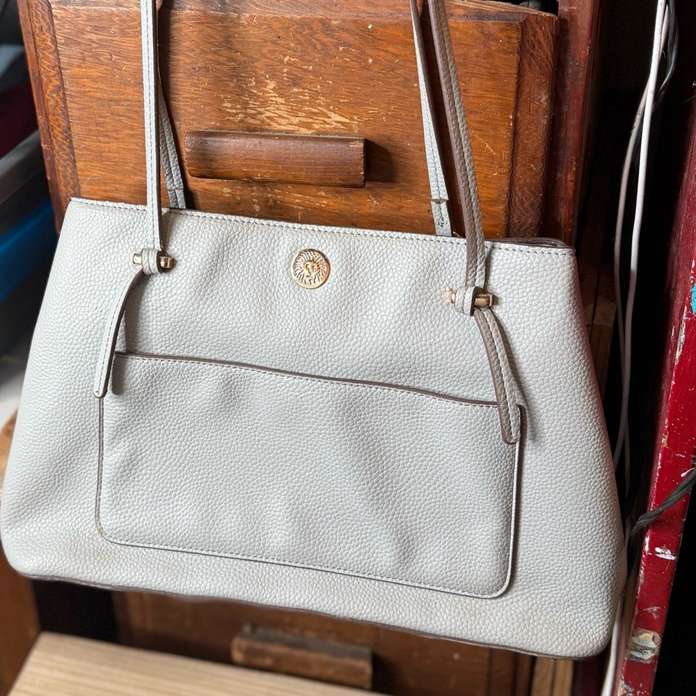 Anne Klein Light Gray Pebbled Leather Shoulder Tote